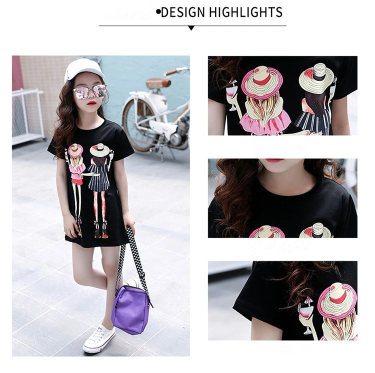 Soft Cotton T shirts For Girls Teenagers Dress Cartoon Long Tops Summer Fashion Kids Clothes Casual Short Sleeve Children's Tees (2)