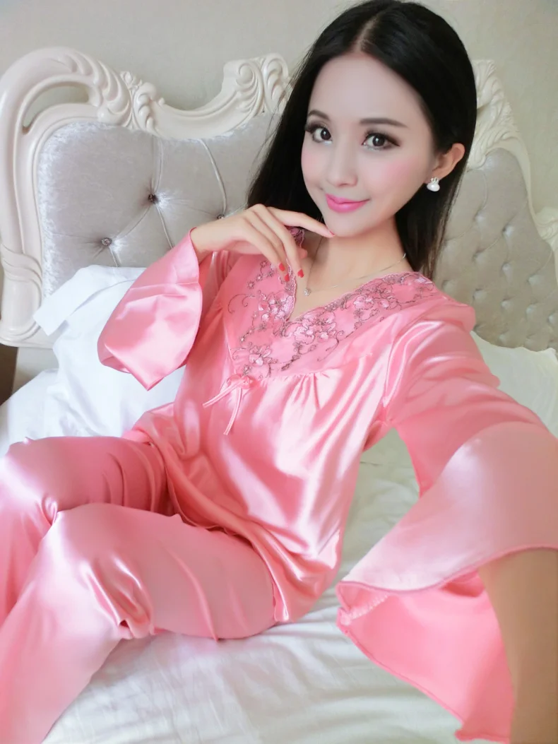 Весенний женский сексуальный шелковый пижамный комплект в стиле ретро с длинными рукавами, комплект для сна, 11 цветная вышивка, пижамы для отдыха, большие размеры