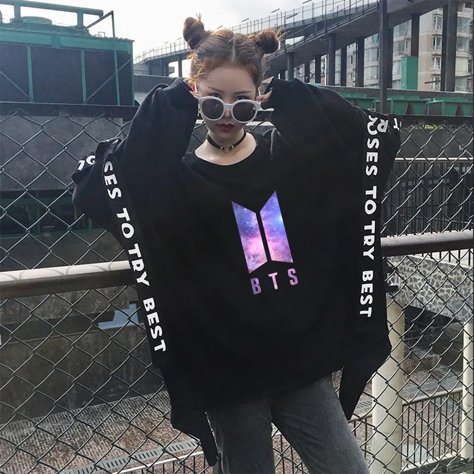 

2019 Love Yourself Kpop Ulzzang Harajuku Style BF Spring Wild Loose Letter Ribbon long-sleeved Thin Hoodies female Coat Tide