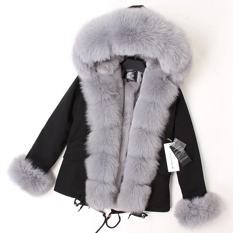 

Winter Women Clothing Fur Parkas Black Jacket Green Silver Khaki Coat Thick Warm Fur Liner Natural Fox Fur Collar Placket Cuff