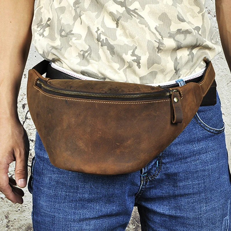 New Men Genuine Leather Cowhide Hip Belt Fanny Pack Waist Purse Sling Chest Bags