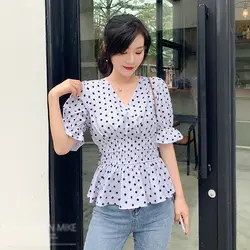 Модные женские блузки 2019 женская рубашка с коротким рукавом шифоновая рубашка в горошек женские летние рубашки с v-образным вырезом Harajuku