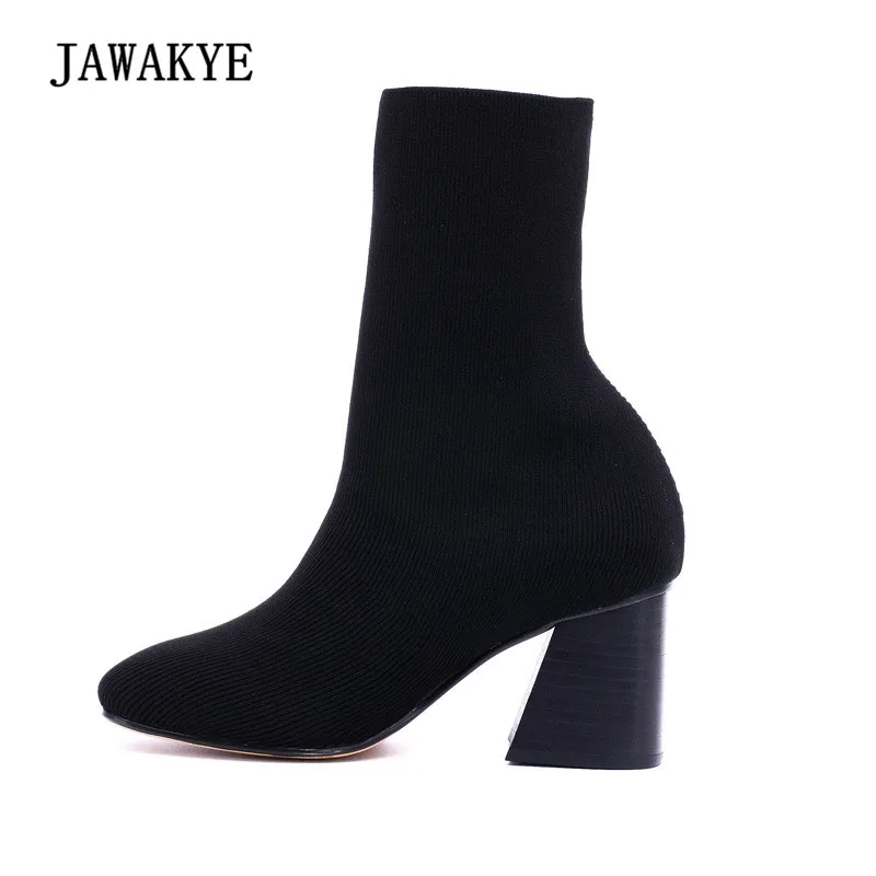 

Newest Stretch Wool Sock Boots Woman Round Toe Mixed Color Chunky High Heel Boots Women Sexy Knit Ankle Boots