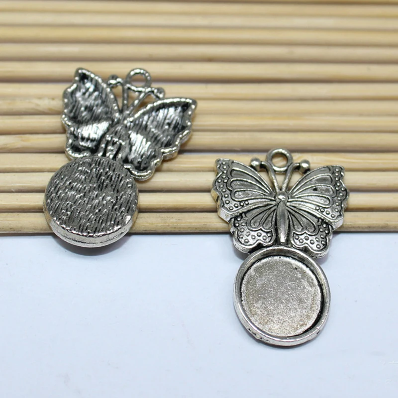 

10pcs 12mm Silver Color Butterfly Cabochon Base Blank Setting Bezel Trays Fit 18*25mm Cabochon Cameo DIY Necklace Jewelry Making