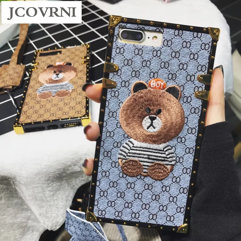 

JCOVRNI Cute bear embroidery pattern for iphone7 7plus fashion lanyard TPU material for iphone XS 8 8plus phone back cover case