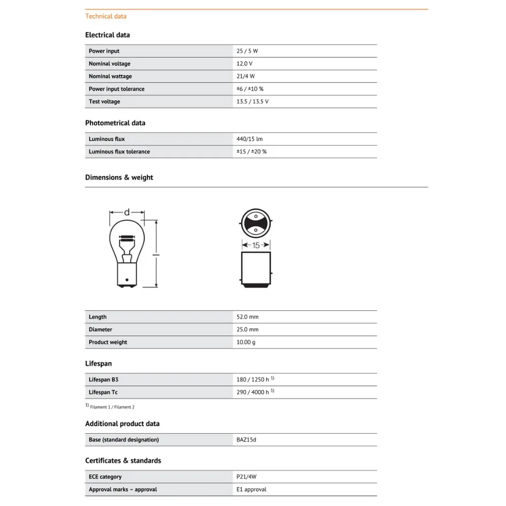 Лампа Ксеноновая OSRAM 12V первоначально 7225 P21/4 W BAZ15d Стандартный металлические основания сигнала поворота светильник фонарь заднего хода OEM авто тормозные лампы,, 10 шт