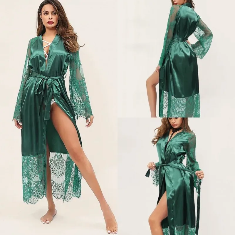 2019 женский сексуальный халат плюс размер зеленый ночной халат на заказ; длинное кружевное ночное белье с рукавами Свободная Ночная Рубашка