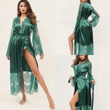 

2019 Women Sexy BathRobe Plus Size Green Night Robe Custom Made Long Sleeve Lace Sleepwear Loose Nightgown Robes Homedress