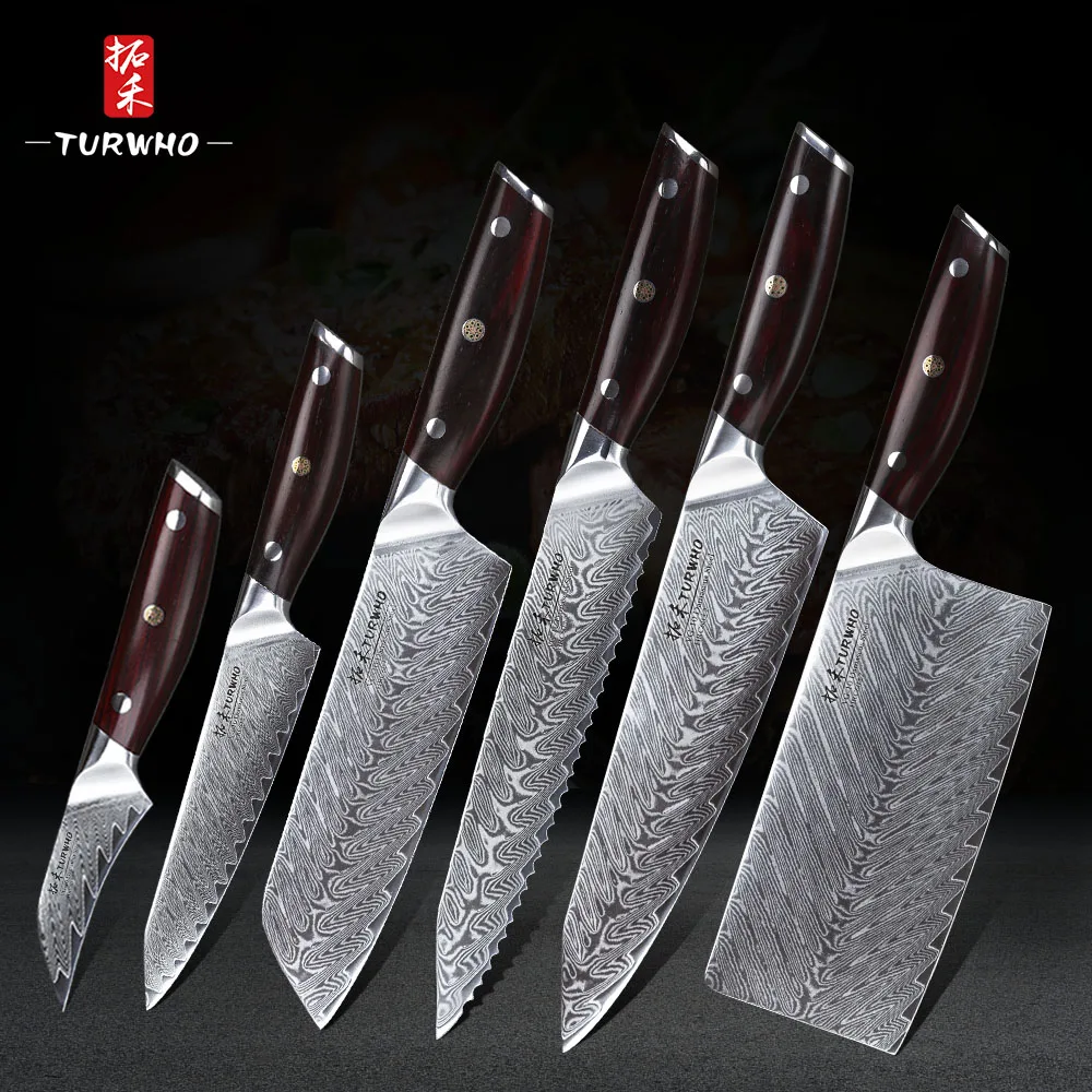 

TURWHO 6PCS kitchen knife Set Japanese Damascus Steel Kitchen Knives Nakiri Chef Santoku Bread utility Paring knife Cooking Tool