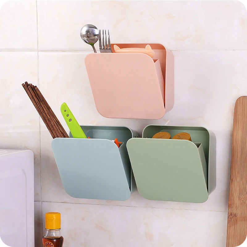 البلاستيك الذاتي لاصق صندوق تخزين الحطام الحمام الرف السكاكين أسنان مربع ماكياج منظم الحمام اكسسوارات