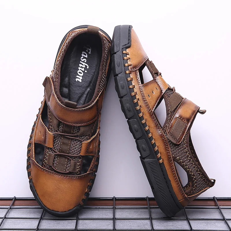 

2019 Leather Summer Men's Sandals Casual Beach Shoes High Quality Roman Sandalias Soft Sole Sandals Big Size 38-46