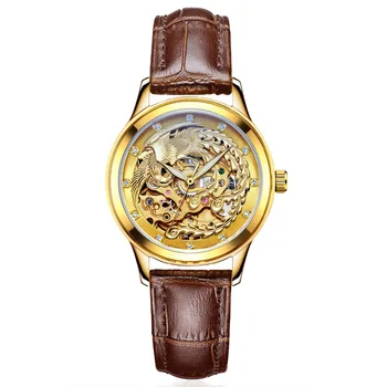 

WEISIKAI New Brand Gold Skeleton Womens Watch Automatic Mechanical Genuine Soft Leather Strap Fashion Casual Female Wristwatch