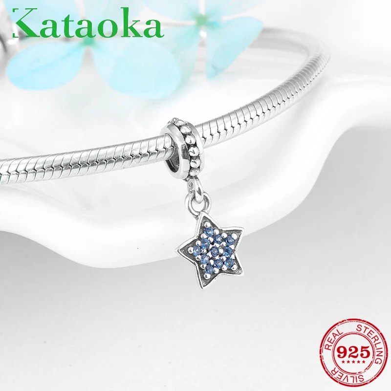 

High quality 925 Sterling Silver Charms Five-pointed Star Blue CZ Pendants Fit Original Pandora Charm Bracelet Jewelry making