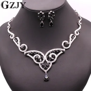

GZJY Luxury Gold Color Black & Purple White Zircon Nacklace Earrings Set For Women Charming Wedding Jewelry Accessories