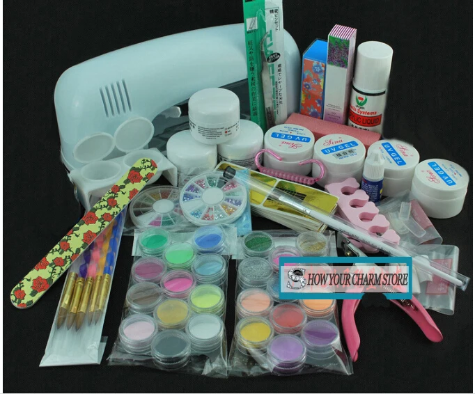 

UV lamp gel kit Acrylic Liquid Powder Brush Remover nail tips glue Glitter Clipper Primer File Nail Art Tips Tool Brush Tool Set