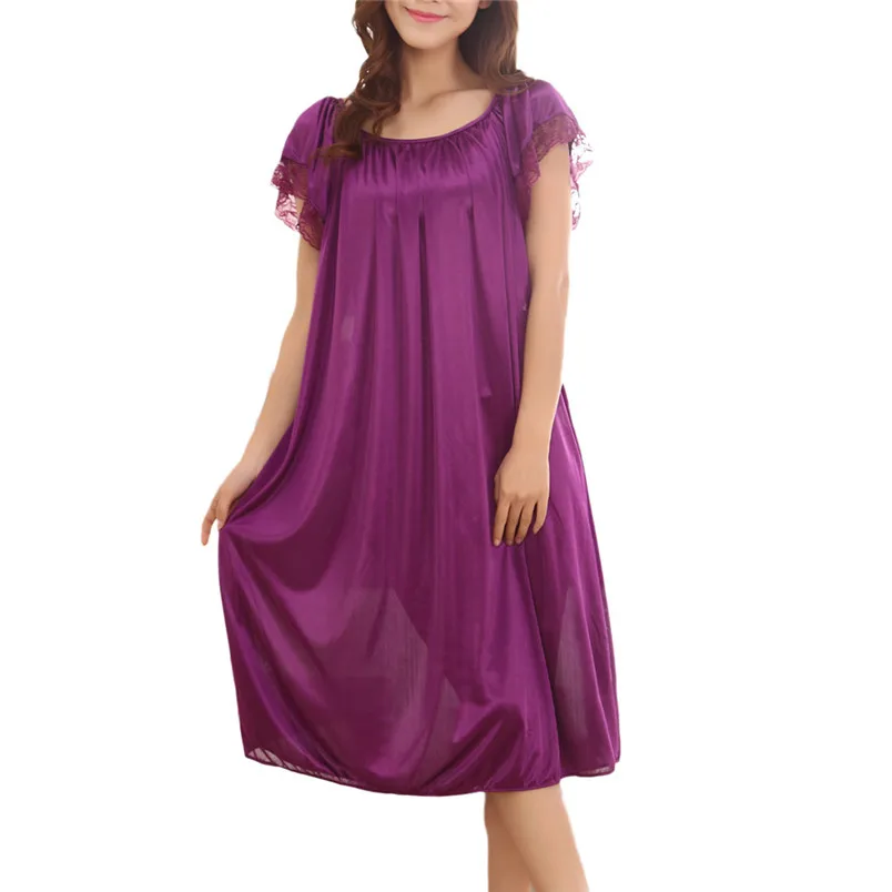 Women Summer Home Lace Ice Silk Short Sleeve Loose Nightgown Dress O Neck Lingerie Pajamas Dress One Size 40FE01 (32)