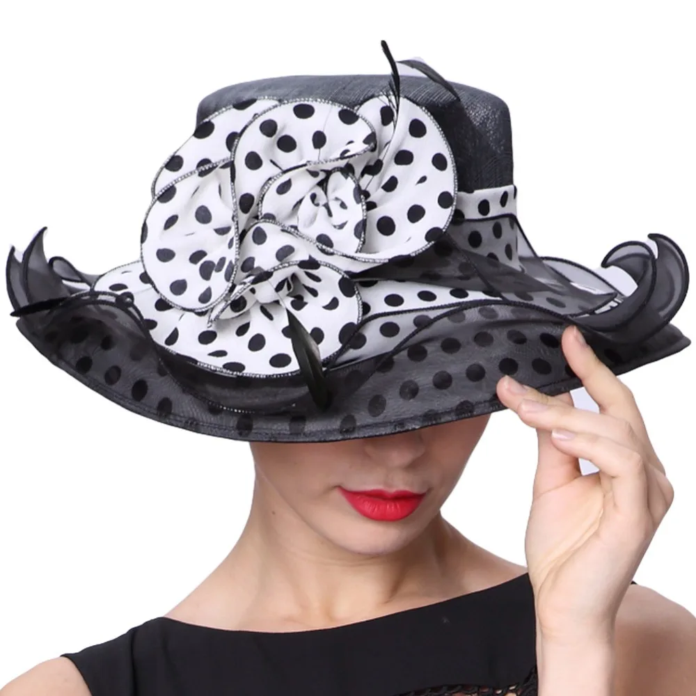 June's Young Women Hats Sinamay Chiffon Material Polka Dot Pattern