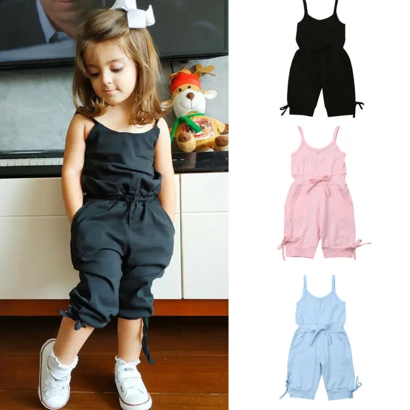 2-6 Years Baby Girls Overalls Sleeveless Sling Girls Bodysuits Solid Pink Black Blue Baby Rompers Cropped Pants Toddler Playsuit