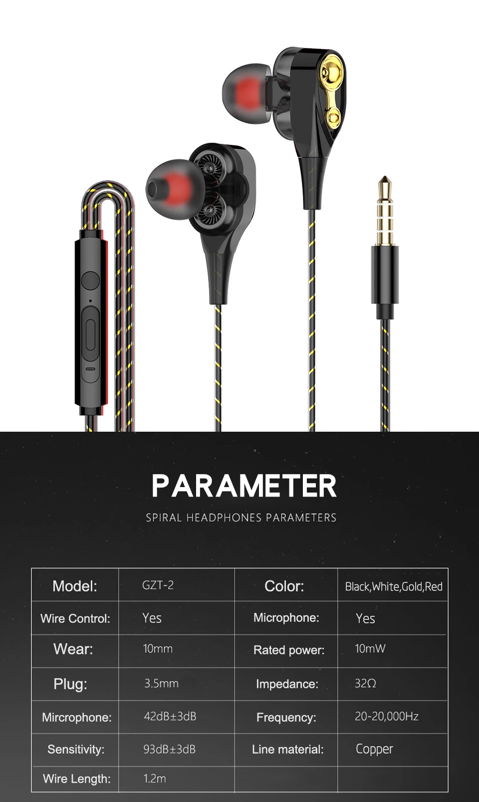 Dual speaker 3.5mm in-ear headphones double dynamic ring 1.2m Wired headphone cable for Android iOS Smart Mobile Phone (8)