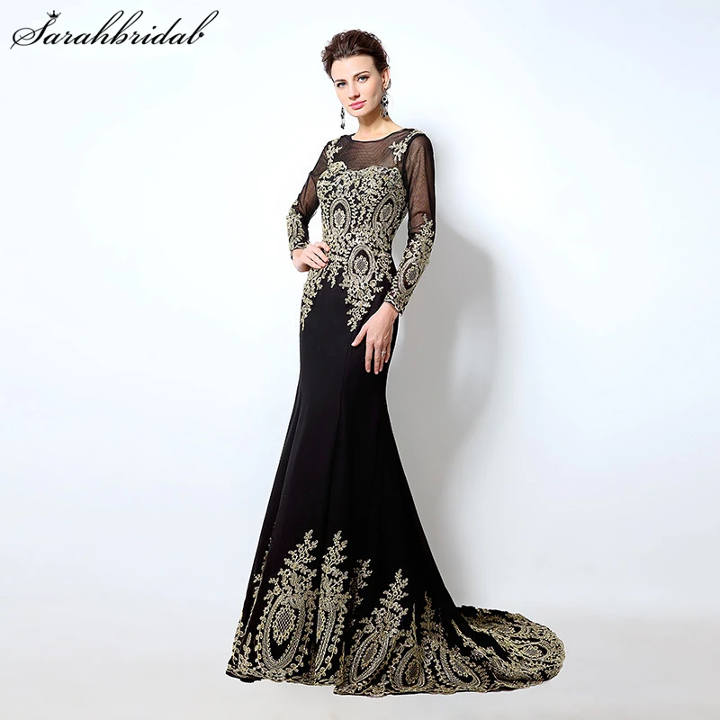 

Elegant Long Sleeve Mermaid Long Evening Dresses Lace Appliques Black Chiffon Formal Gown Party Real Photos XU040