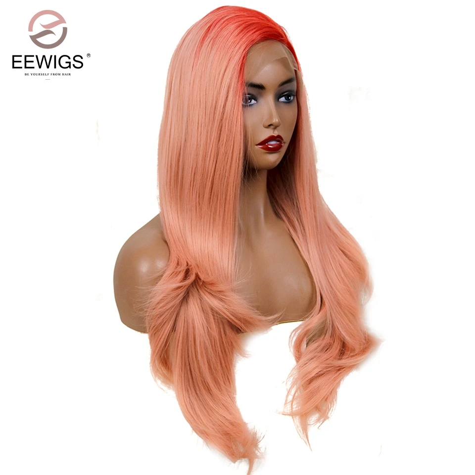 EEwigs термостойкие прямые синтетические парики на шнурках спереди перетяните королеву длинные красные до персикового цвета два оттенки Омбре парики для женщин