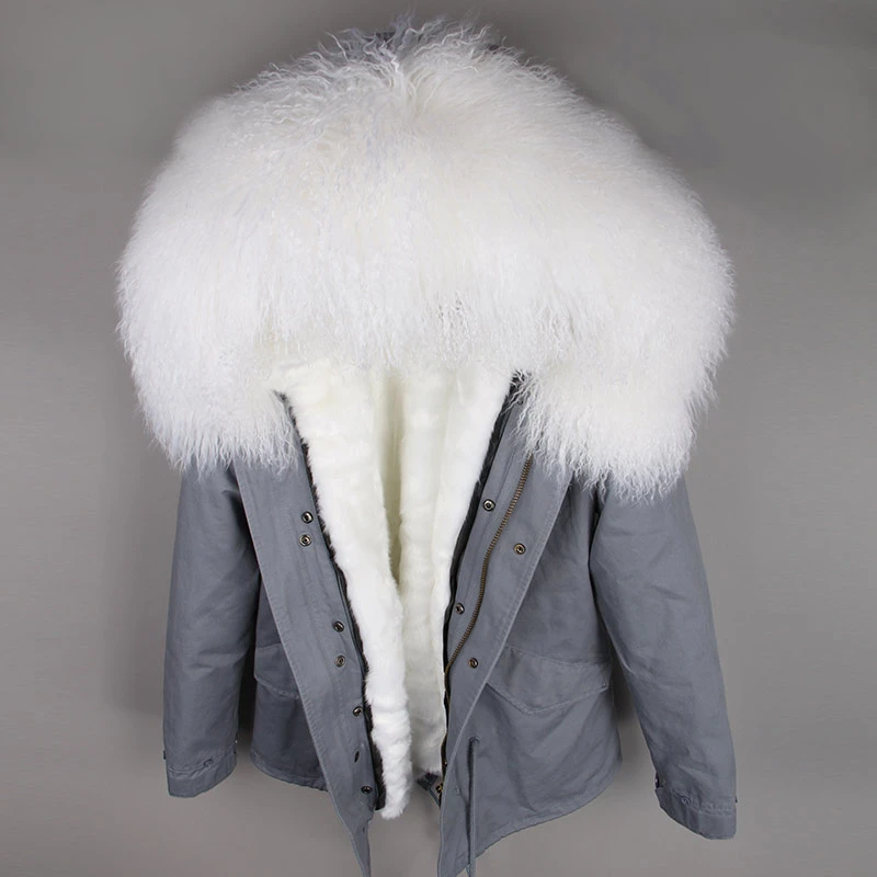 Parka Real Fur Coat Winter Jacket Women Real Mongolia Sheep Fur Parkas Thick Warm Luxury Detachable Outerwear Streetwear - Цвет: grey white