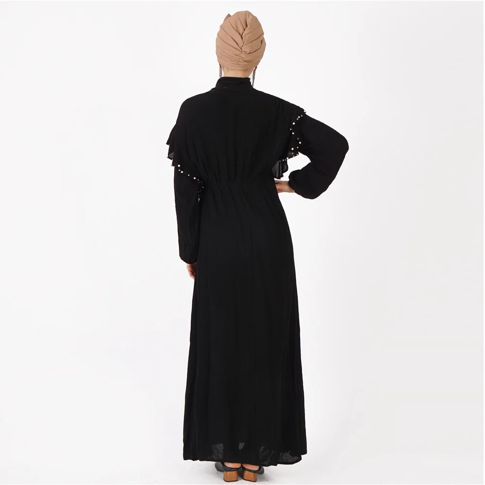 Black White Abaya Kimono Women Muslim Maxi Dress Femme Dubai Turkish Turkey Bangladesh Kaftan Pearl Robe Islamic Clothing