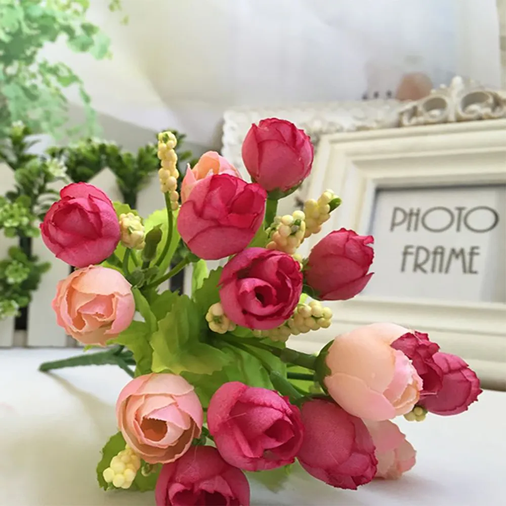 15 Heads Artificial Flowers Rose Silk Fake Flower Bouquet For