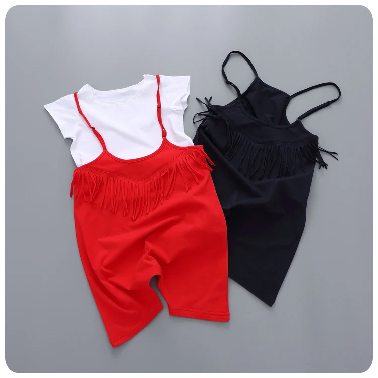 Корейский Летний комплект одежды с рисунком для девочек, одежда для маленьких девочек с Т-образной подошвой, верхняя одежда без подкладки с кисточками, Haren комбинезон для лыжного или парусного спорта