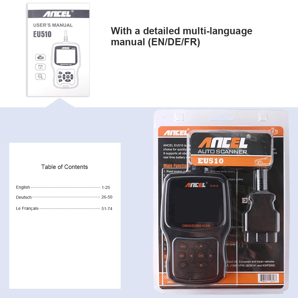 Ancel EU510 OBD2 сканер Диагностический Автомобильный Код двигателя считыватель ODB2 OBD диагностический сканер Muiti-language диагностический инструмент