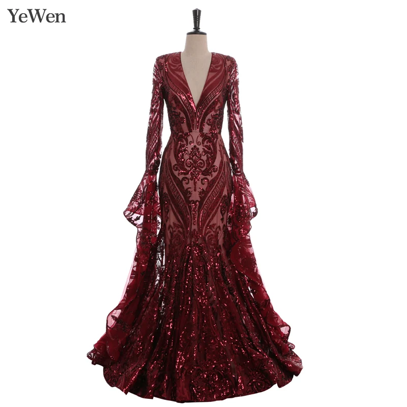 Sexy Elegant Mysterious Noble Evening Dresses Long 2019 Sequined Mermaid Prom Dress Evening Gowns V Burgundy robe de soiree