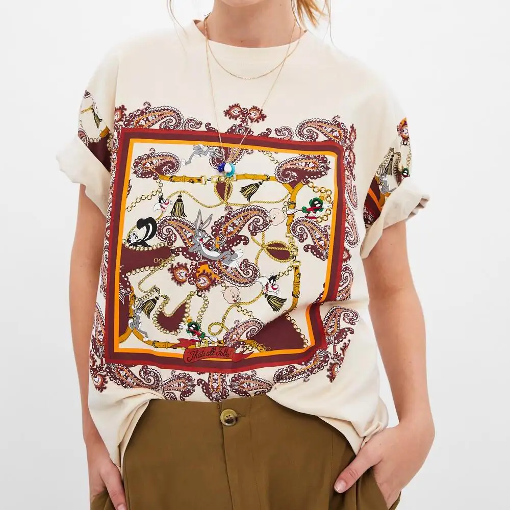 

Spring 2019 za summer women's causal froal Print T-shirt O-neck tees shirts women's female's Tees