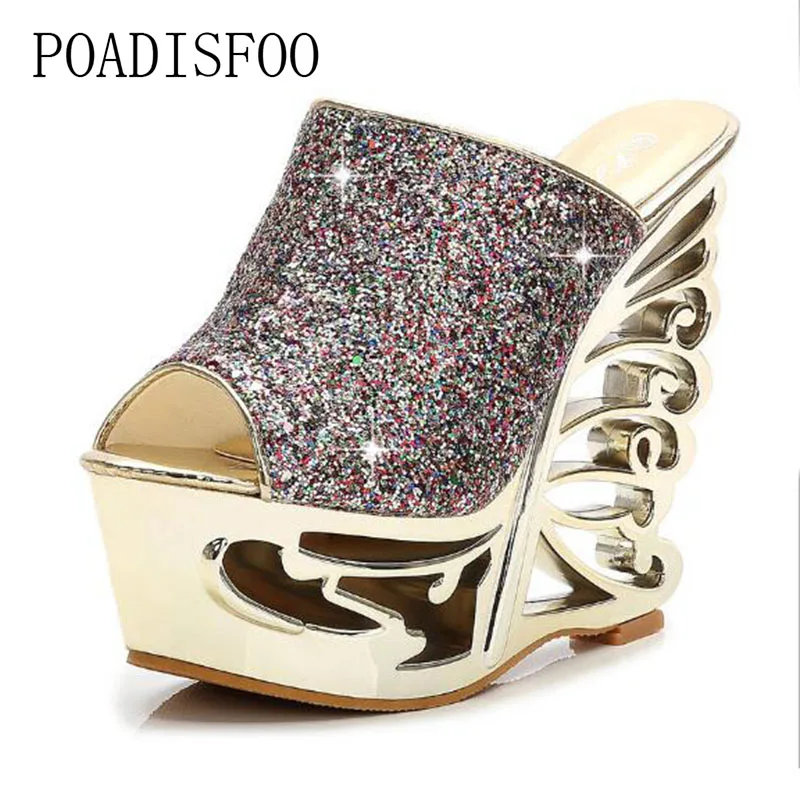 

POADISFOO 2018 Gold Sliver Super High Heels Sexy Peep Toe Platform thick Wedge heels Heteromorphic heel Ctystal .ZYW-1076-2