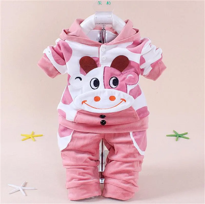 Зимний комплект одежды для новорожденных девочек 1, 2, 3 лет, пуловер с капюшоном из коровьей кожи, рождественские наряды для малышей, боди в виде кошки - Цвет: Cows Pink