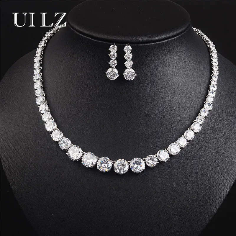 

UILZ Classic Clear Round Cubic Zirconia Earrings Necklace Bridal Wedding Jewelry Set For Women Evening Dress US171
