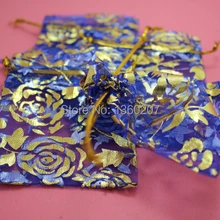 100 шт./лот васильковые, золотые розы органза сумки 17x23 см упаковка ювелирных изделий подарочные мешочки свадебная вуаль сумка