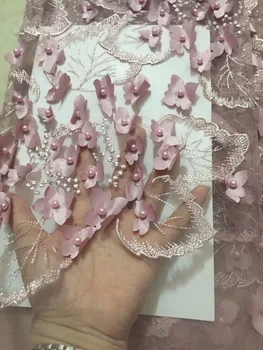 

French Net Lace Fabric 2018 Latest african guipure lace fabric with embroidery mesh tulle Light Pink cord beads lace fabric
