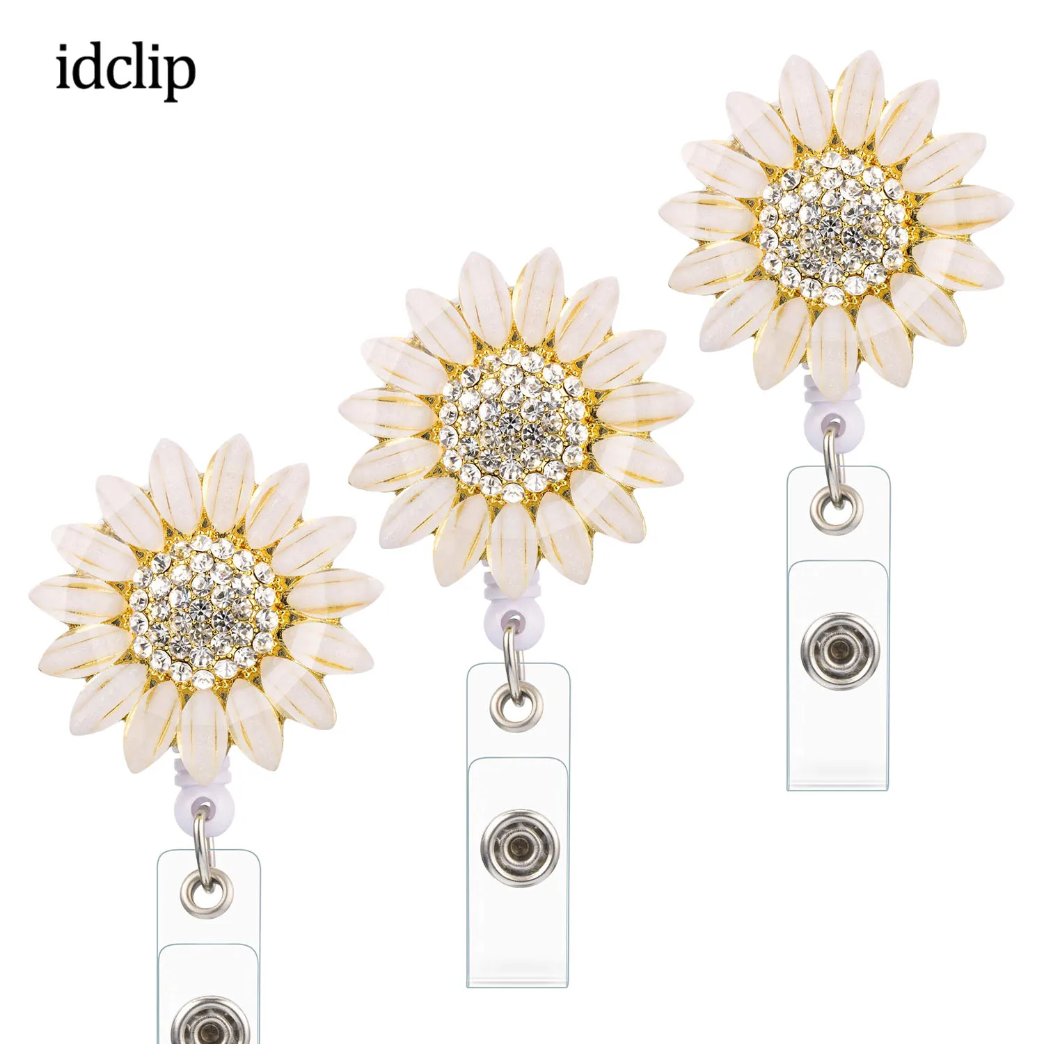 

idclip 3 Pieces Rhinestone Flower Retractable Badge Holder Reel ID Card Holder with Alligator Badge Clip