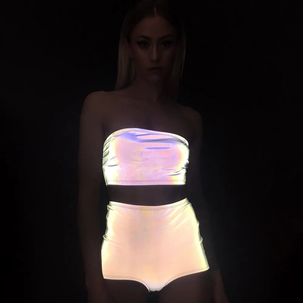 

Sequined hot diamond tube top and high waist reflective shorts set sexy 2 piece set women leisure vacation rave club outfits