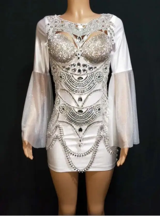 Dress Only Белое Сетчатое короткое платье с расклешенными рукавами и кристаллами, длинное, сексуальная певица, хост, костюм для вечеринки, сценическое цельнокроеное платье - Цвет: Dress Only