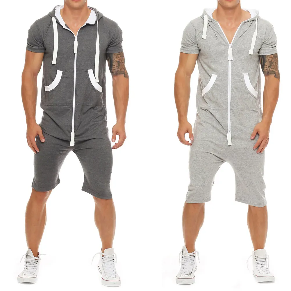 HIRIGIN Stylish Men Short Sleeve Romper Casual Jumpsuit Hooded One Piece Playsuits Wear Sets