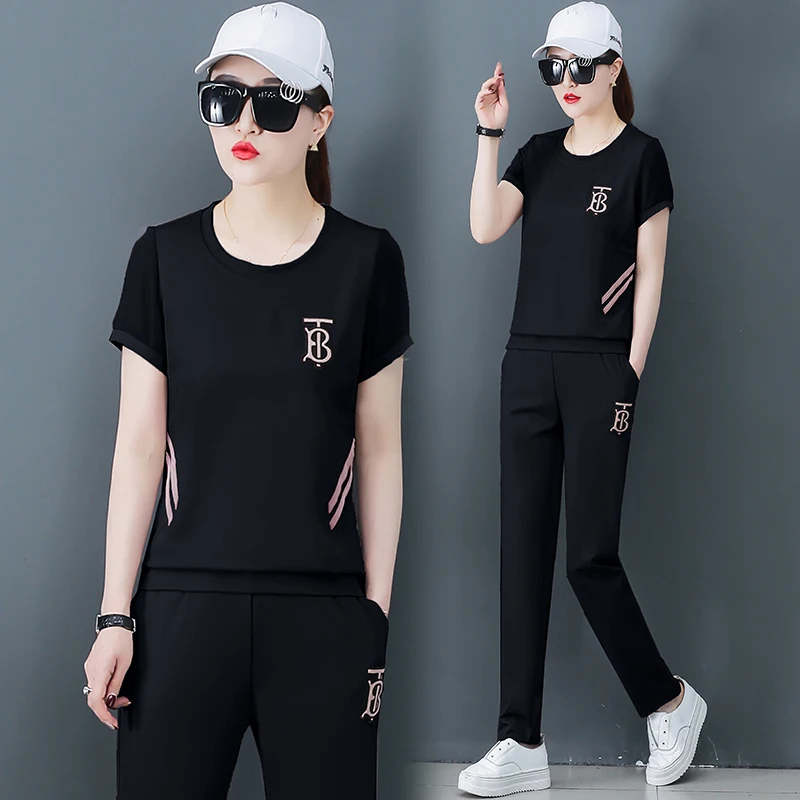 

Black 2019 Summer Two Piece Outfits Jogging Suits Tracksuits for Women Wide Pants and Top Sportswear Co-ord Set Jogging Clothing