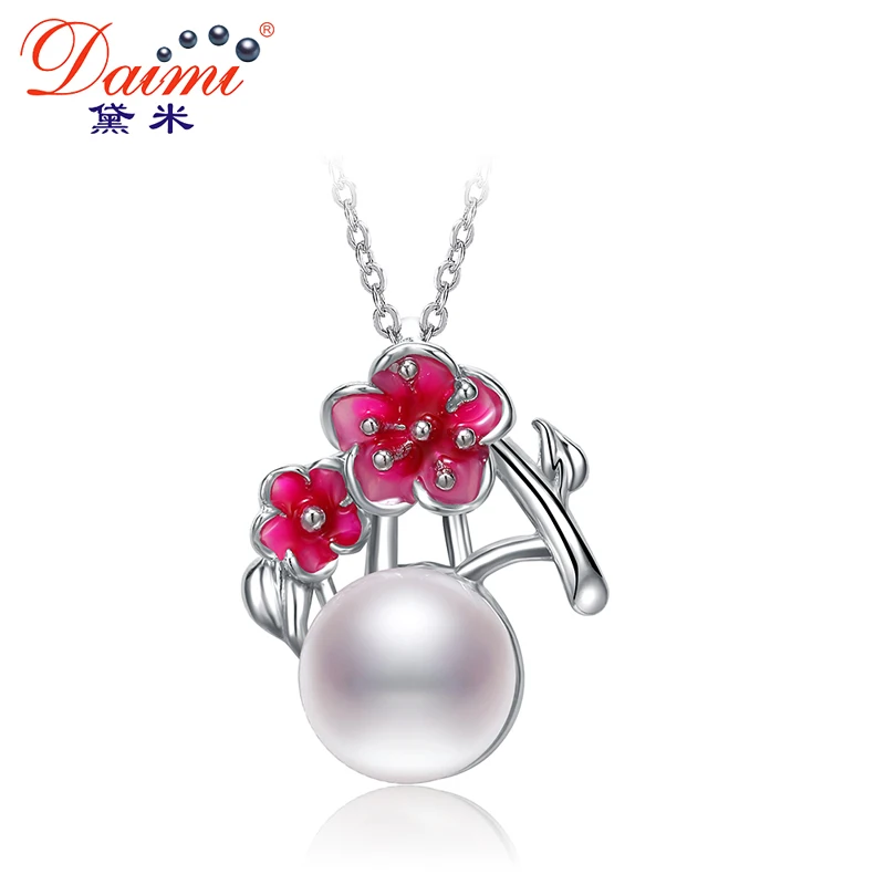 

DAIMI 7-8mm Flat Round Natural White Pearl Pendant & Romantic Peach Blossom Pendant Necklace