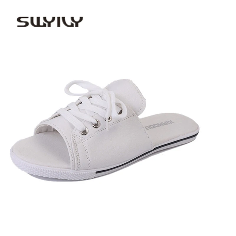 

SWYIYV Womens Canvas Sandals Flats 2018 Summer Lacing Slip On Femlae Casual Shoes Student Leisure Sandals White Shoes Canvas 40