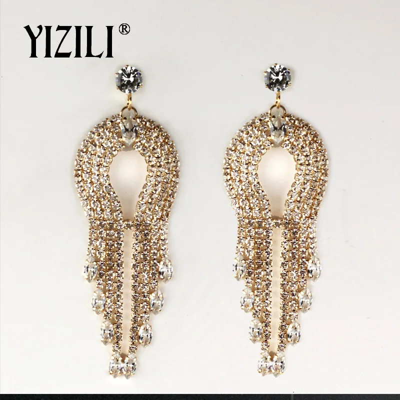 YIZILI корейский сверкающий кристалл длинные серьги для Для женщин Циркон падения Rhinestone мотаться большой Серьги свадебные серьги E076 - Окраска металла: gold plated