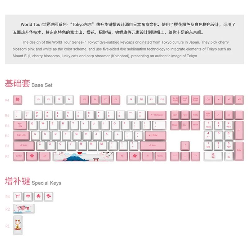  Mechanical Keyboard Keycap for 108 Key Keyboard World Tour Series Cherry Dye-subbed PBT Keycap Set 
