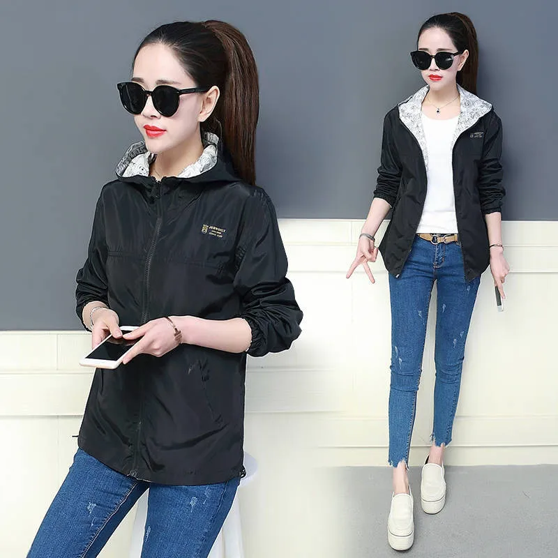 incredible  Spring Autumn Women casual Basic Jacket Pocket Zipper Hooded Two Side Wear Cartoon Print Outwear Lo