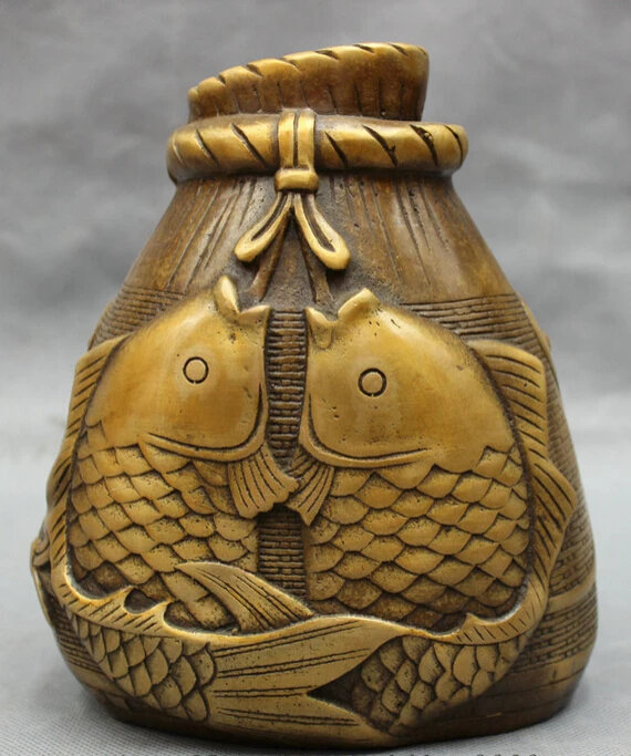 

S3458 Folk Chinese Bronze Buddhism Wealth 2 Child Kid Rich Fish Statue Bag Pot Vase D0317