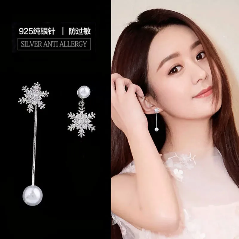 

2019 New Snowflake Earrings S925 Silver Needle Fringed Earrings Long Pearl Asymmetric Fashion Jewelry Earrings for Women
