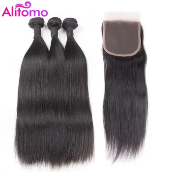 

Alitomo Fashion Hair Brazilian Straight 3 Bundles With Closure Non Remy Hair Weft Human Hair With Lace Closure